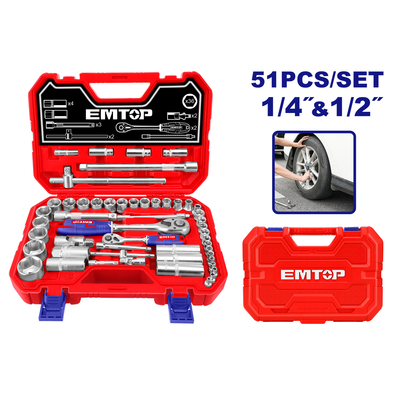 Truse & Seturi Surubelnite - Trusa de chei tubulare, cu clichet, 1/2"+1/4", 51 piese, Chrome Vanadium, cutie transport, EMTOP