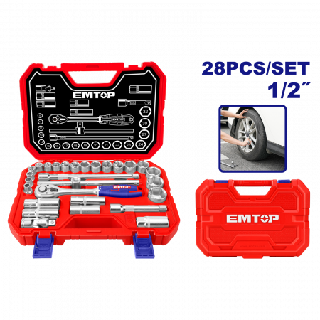 Truse & Seturi Surubelnite - Trusa de chei tubulare, cu clichet, 1/2", 28 piese, Chrome Vanadium, cutie transport, EMTOP