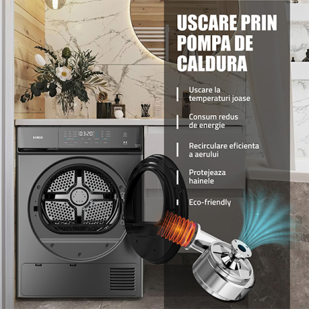Uscator de rufe, capacitate 9 kg, pompa de caldura, 15 programe, afisaj electronic, Gri inchis, SAMUS [5]