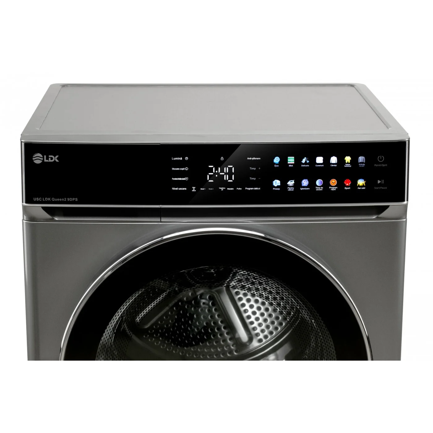Uscător de rufe LDK QUEEN2 9DPS, Pompă de Căldură, 9 kg, Clasa E, 14 Programe, Control Touch, Antisifonare, Călcare Ușoară, Suport Încălțăminte, Argintiu. [2]