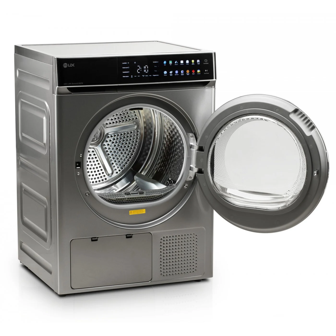 Uscător de rufe LDK QUEEN2 9DPS, Pompă de Căldură, 9 kg, Clasa E, 14 Programe, Control Touch, Antisifonare, Călcare Ușoară, Suport Încălțăminte, Argintiu. [1]