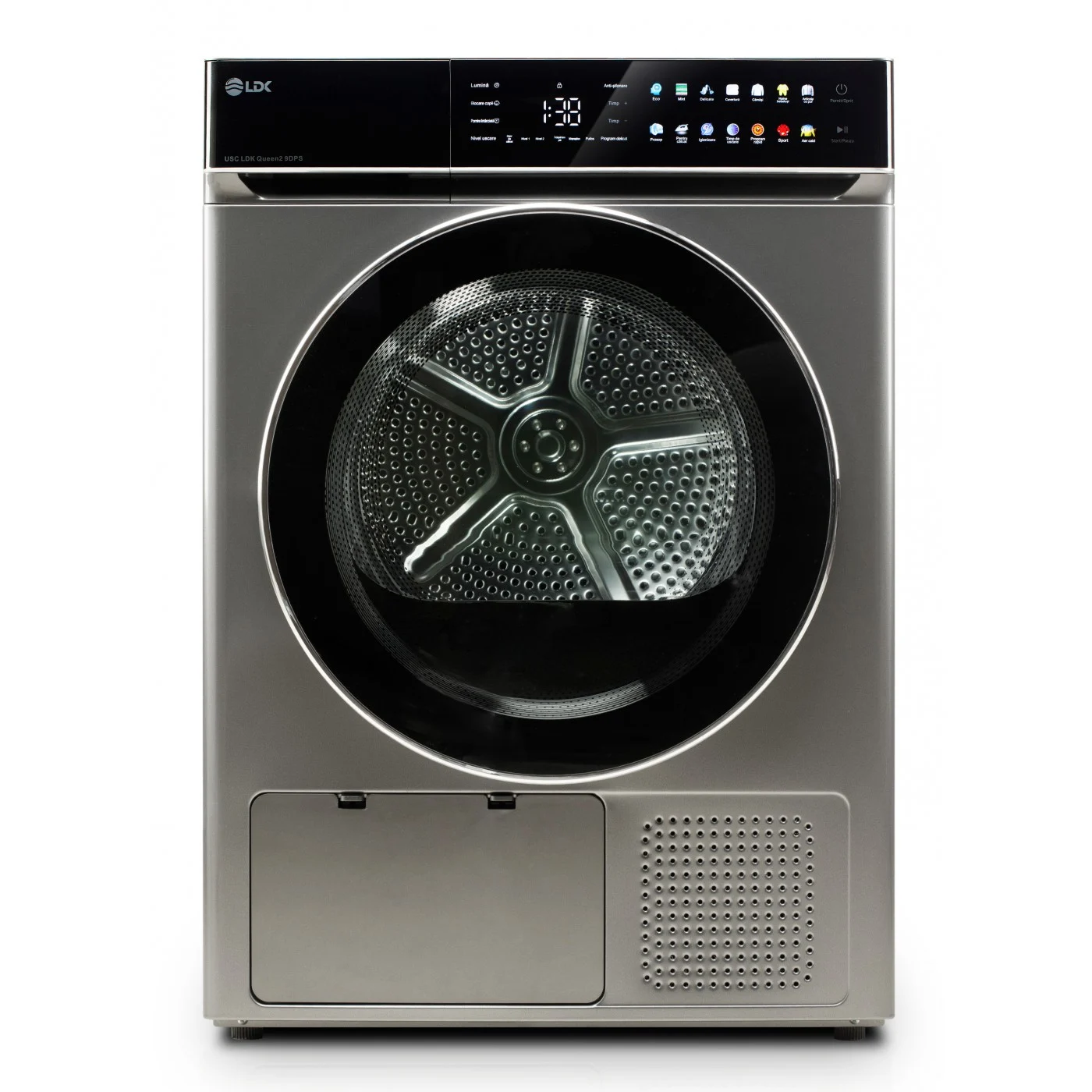 Uscatoare de rufe - Uscător de rufe LDK QUEEN2 9DPS, Pompă de Căldură, 9 kg, Clasa E, 14 Programe, Control Touch, Antisifonare, Călcare Ușoară, Suport Încălțăminte, Argintiu.
