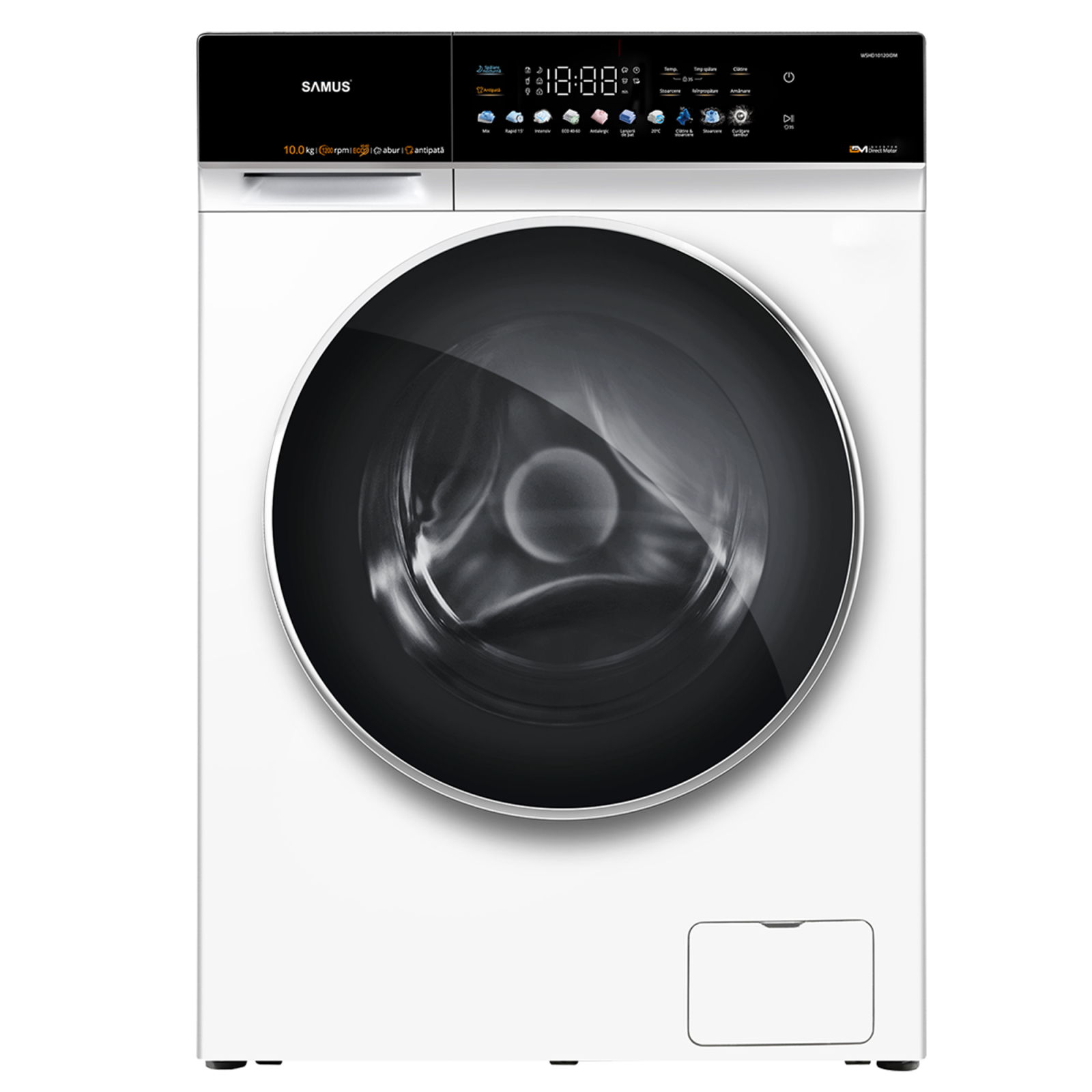 Samus Masina de spalat rufe, automata, motor inverter, capacitate 10 kg, 1200 Rpm, 10 programe, display color, clasa A, SAMUS