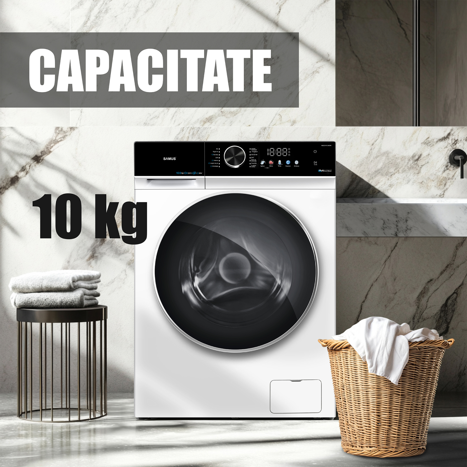 Masina de spalat rufe, automata, motor inverter, capacitate 10 kg, 1200 ...