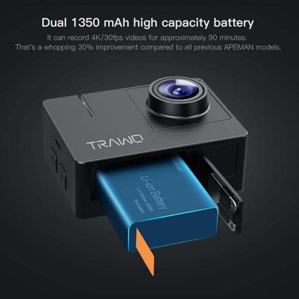 Camera video sport Apeman A100 TRAWO, 4K/50fps, Wi-Fi, Stabilizator imagine, waterproof 40m, 2-inch, 2 Acumulatori [5]
