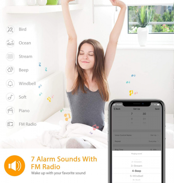 Radio cu ceas Smart Wifi HeimVision, simulare rasarit, control din smartphone, lampa de veghe cu 7 culori, 20 de intensitati a luminii, incarcare USB, Alexa [6]