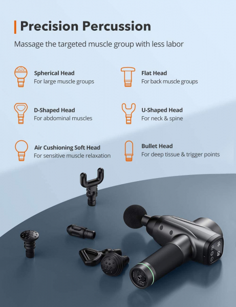 Aparat de masaj Gun Profesional TaoTronics TT-PCA003, 6 capete interschimbabile, 10  trepte de viteza [3]
