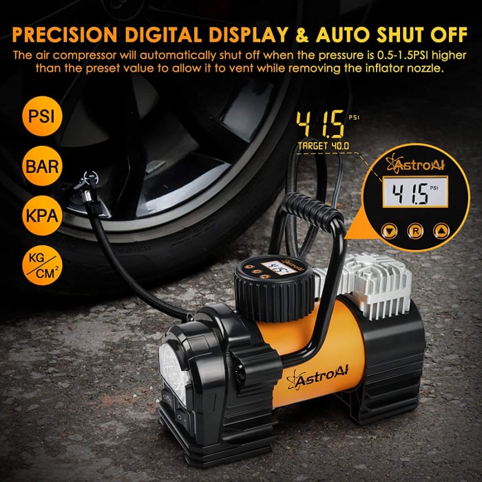 Compresor Auto Metalic AstroAI AC300Y 12V, 150PSI, Digital, Lumina de urgenta, Adaptoare incluse, geantra transport, Galben [8]