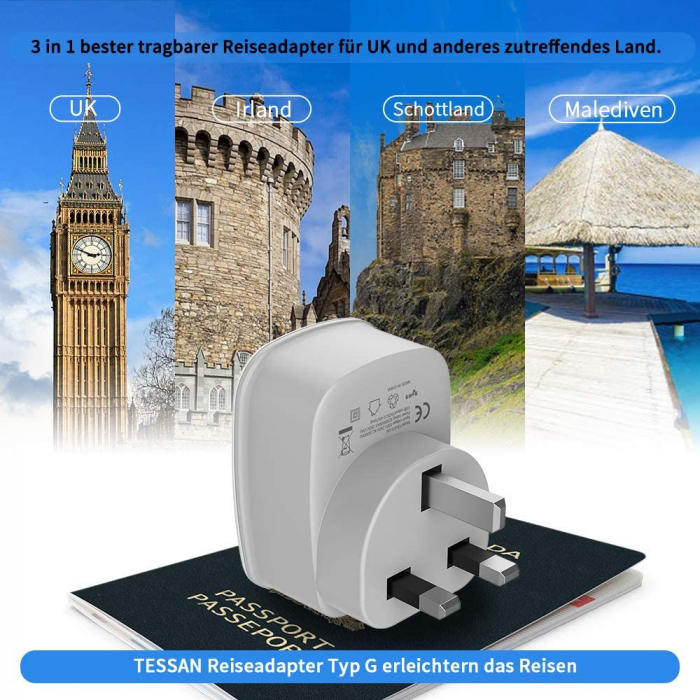 Adaptor Europe to UK Tessan TS-611, EU - UK, 2xUSB - 2,4A, 10A [6]