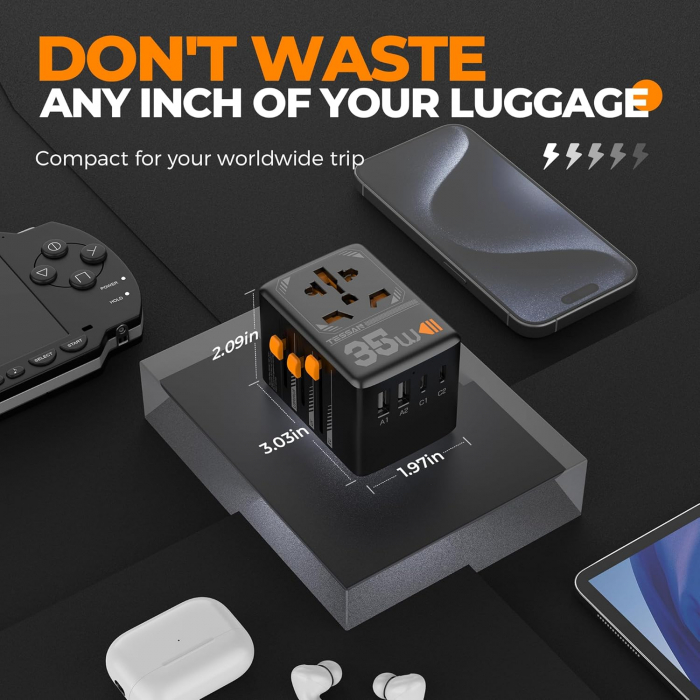 Adaptor priza international Tessan TS-WTA02, 2XUSB, 2XUSB-C ,1XUSB-C incarcare rapida , 35W [5]