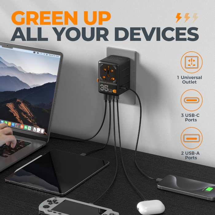 Adaptor priza international Tessan TS-WTA02, 2XUSB, 2XUSB-C ,1XUSB-C incarcare rapida , 35W [4]