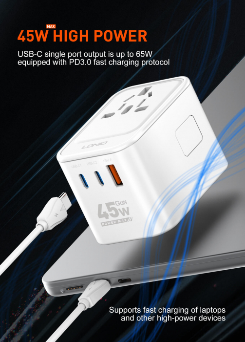 Adaptor priza international GaN LDNIO Z8, 1XUSB, 2XUSB-C, Incarcare rapida, 45W [8]