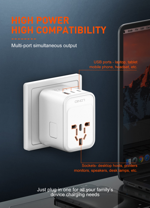 Adaptor priza international GaN LDNIO Z8, 1XUSB, 2XUSB-C, Incarcare rapida, 45W [10]