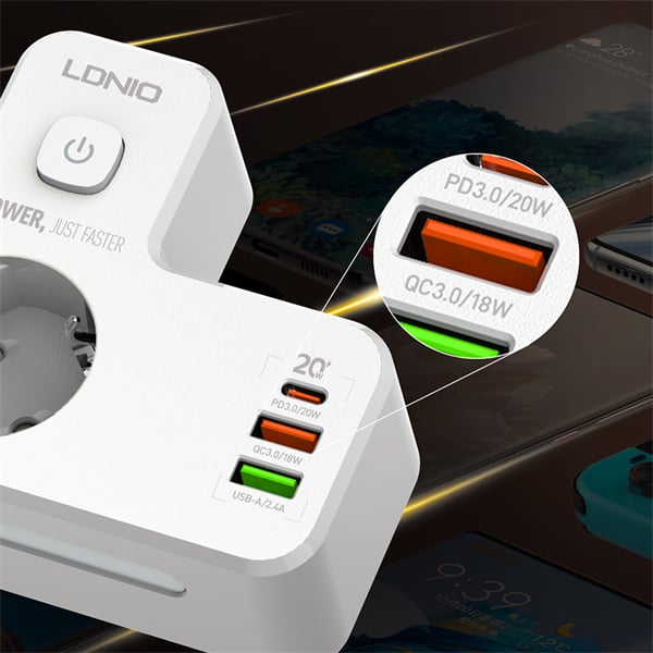 Adaptor priza LDNIO SE2337, 2 prize, 2 X USB-A, 1X USB-C, incarcare rapida QC 3.0, 10A [3]