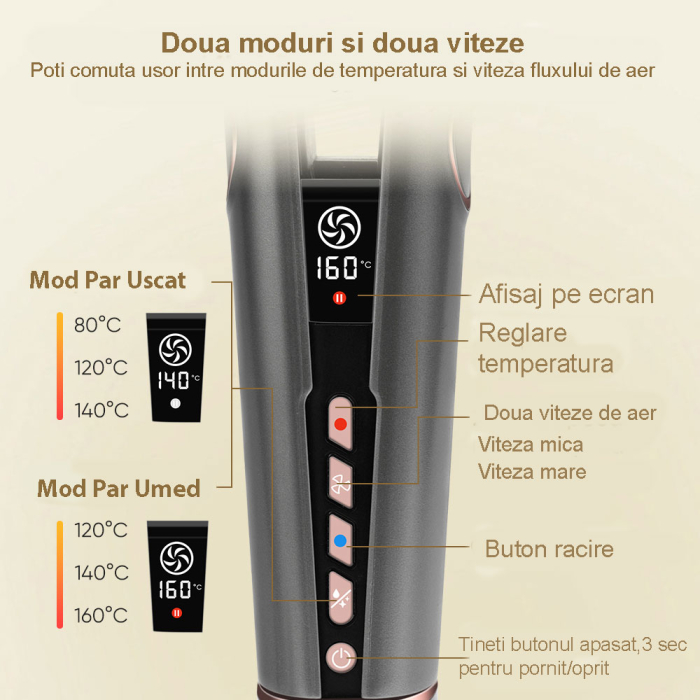 Aparat de indreptat parul cu aer cald 2 in 1 Rovotec HS-906, 1300W, Uscare si Indreptare Simultana, Ioni Negativi, Temperatura reglabila, Uscator, Indreptare par umed, Indreptare par uscat - Resigilat [8]