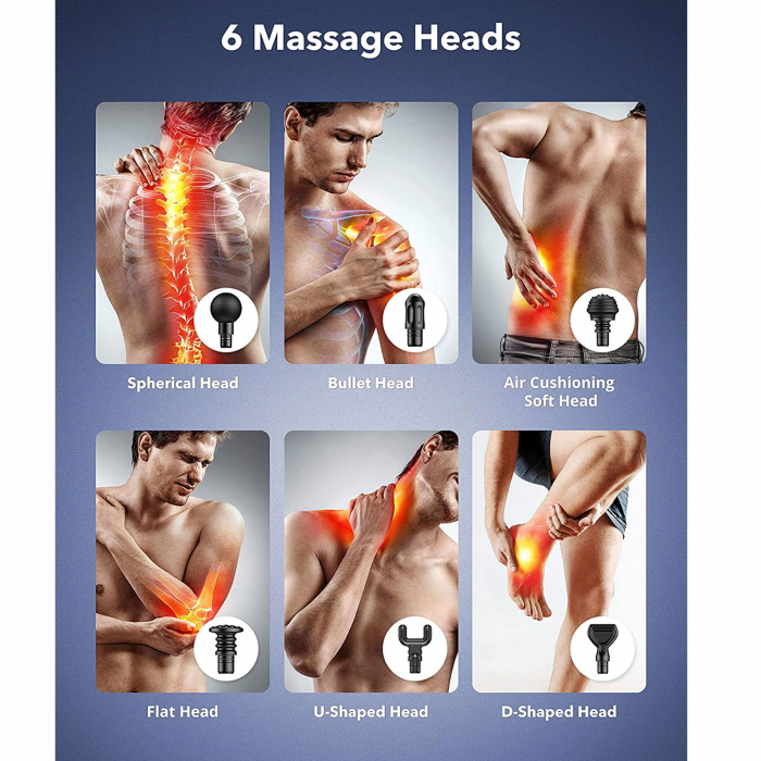 Aparat de masaj Gun TaoTronics TT-PCA004, 6 capete interschimbabile, 20 trepte de viteza - Albastru [5]