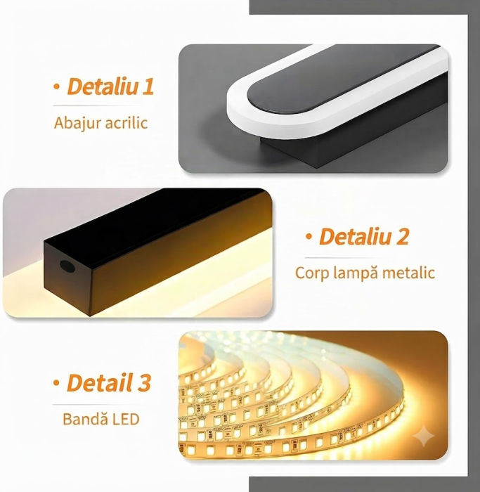 Aplica de perete LED Rovo 1356-60, 60CM, 24W, 3 setari de lumina, 3000K/4000K/6000K, Negru [5]