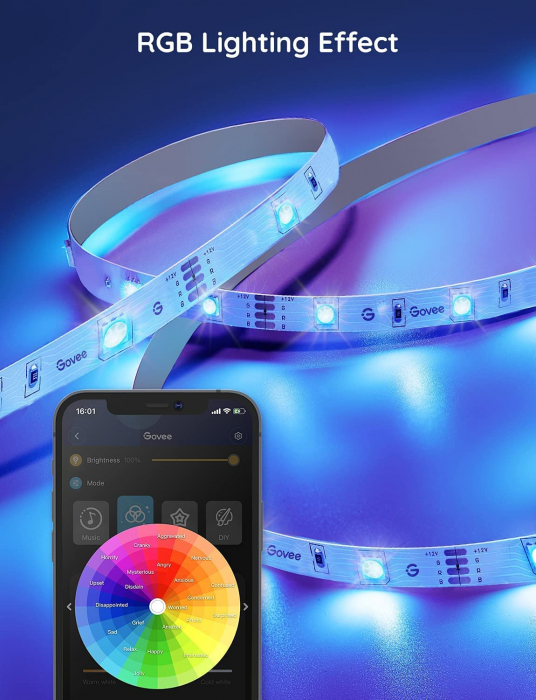 Banda LED RGB inteligenta Govee H615A RGB, Wi-Fi, Bluetooth, sincronizare muzica, lumina colorata, 5m, compatibil Google Assistant & Alexa [9]
