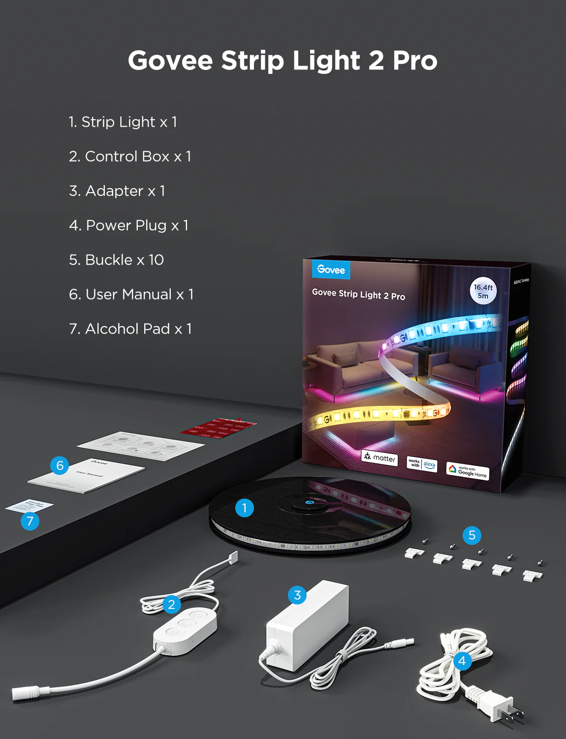 Banda LED Govee H61F5 2 Pro, 5M, RGBWW, 60 LEDs/m,  Alexa, Google Asistant, Matter, Bluetooth, Wi-Fi [10]