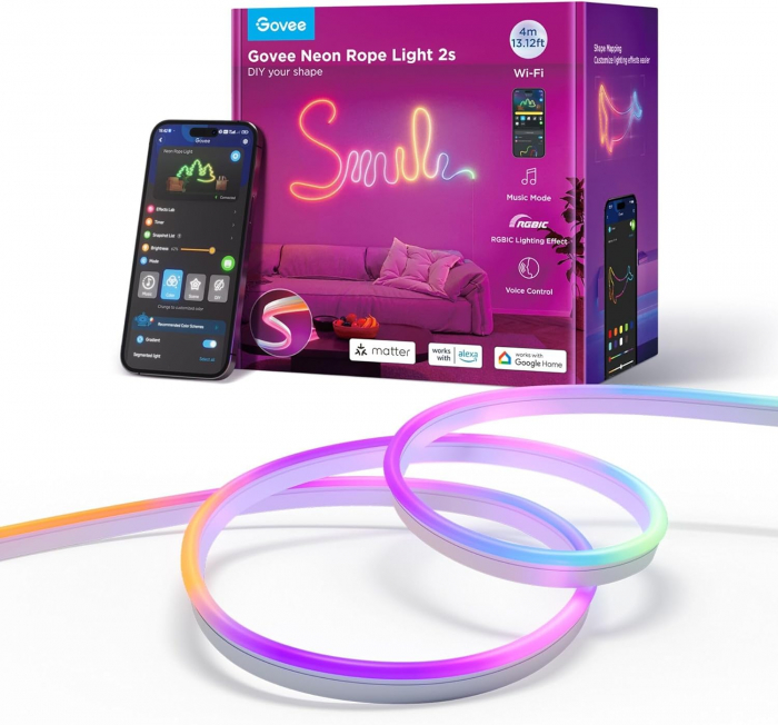 Banda LED Govee Neon Rope 2 H61D4-W RGBIC-alb, Inteligenta, 4m, Sincronizare Muzica, Matter, Wifi, Alexa, Google Asistant [2]
