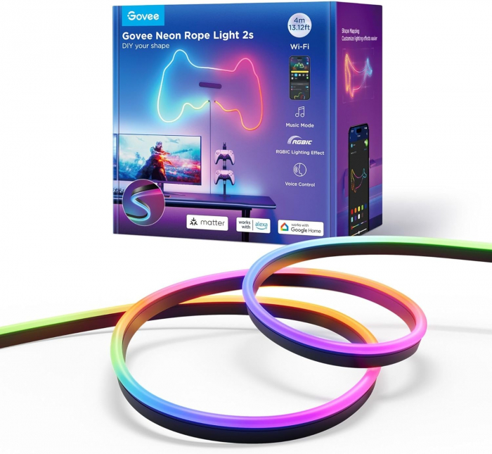 Banda LED Govee Neon Rope 2 H61D4-B RGBIC-negru, Inteligenta, 4m, Sincronizare Muzica, Matter, Wifi, Alexa, Google Asistant [2]