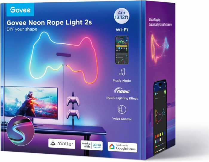 Banda LED Govee Neon Rope 2 H61D4-B RGBIC-negru, Inteligenta, 4m, Sincronizare Muzica, Matter, Wifi, Alexa, Google Asistant [3]