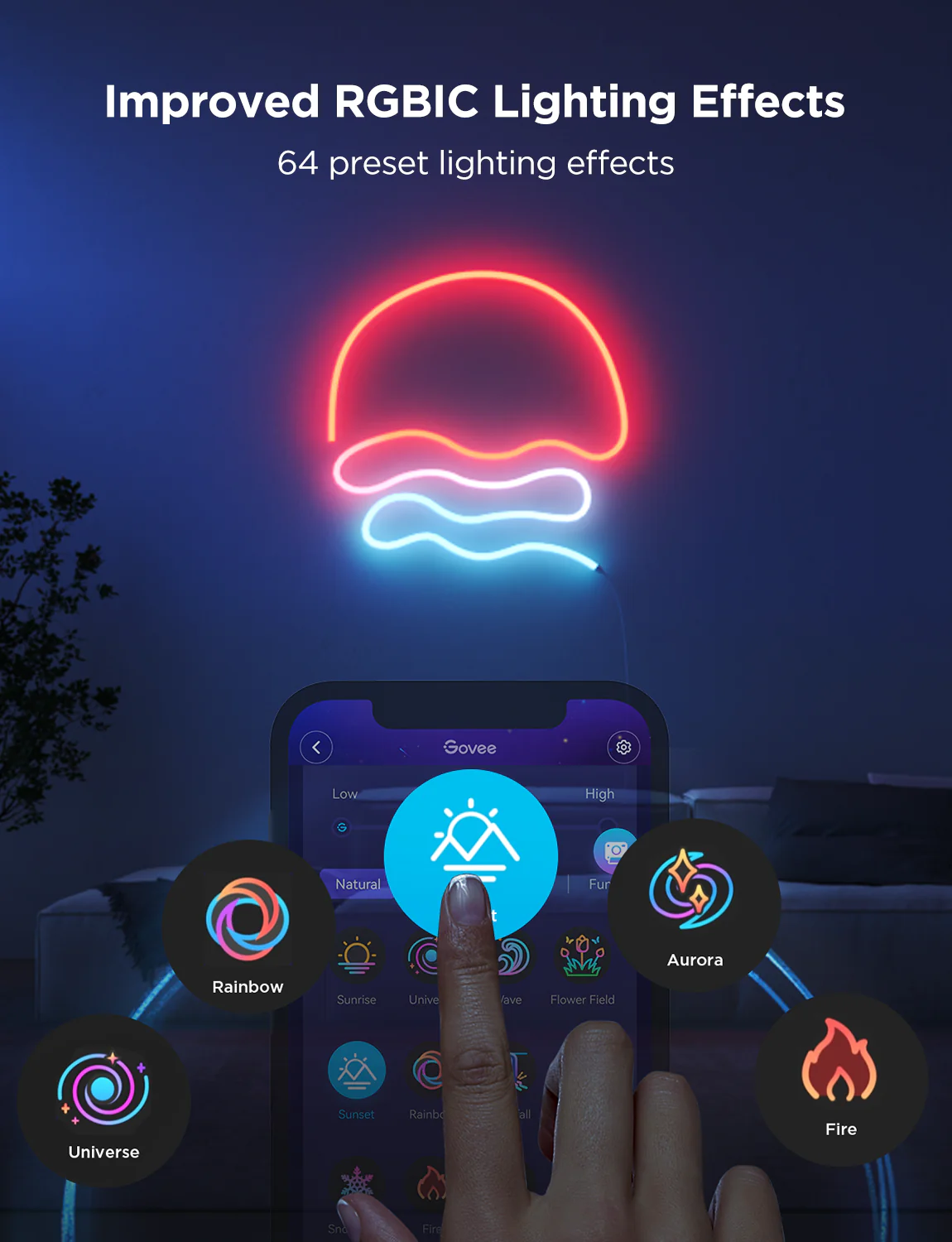 Banda LED Govee Neon Rope 2 H61D4-B RGBIC-negru, Inteligenta, 4m, Sincronizare Muzica, Matter, Wifi, Alexa, Google Asistant [7]