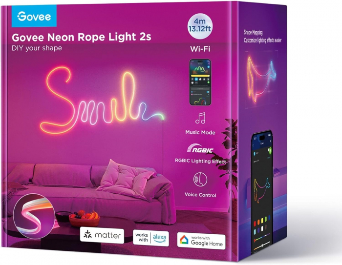 Banda LED Govee Neon Rope 2 H61D4-W RGBIC-alb, Inteligenta, 4m, Sincronizare Muzica, Matter, Wifi, Alexa, Google Asistant [3]