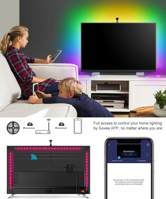 Banda LED Govee DreamView T1 TV Backlight Wi-Fi RGBIC, Camera ColorSense 1080p HD, 75-85 inch [8]