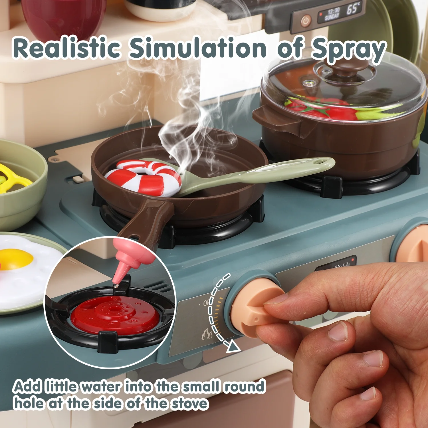 Bucatarie copii, Rovo 187, aragaz de jucarie, chiuveta cu circuit de apa, aragaz aburi, sunete, lumini, frigider, fructe, legume, multiple accesorii, 42 de piese - Resigilat [9]