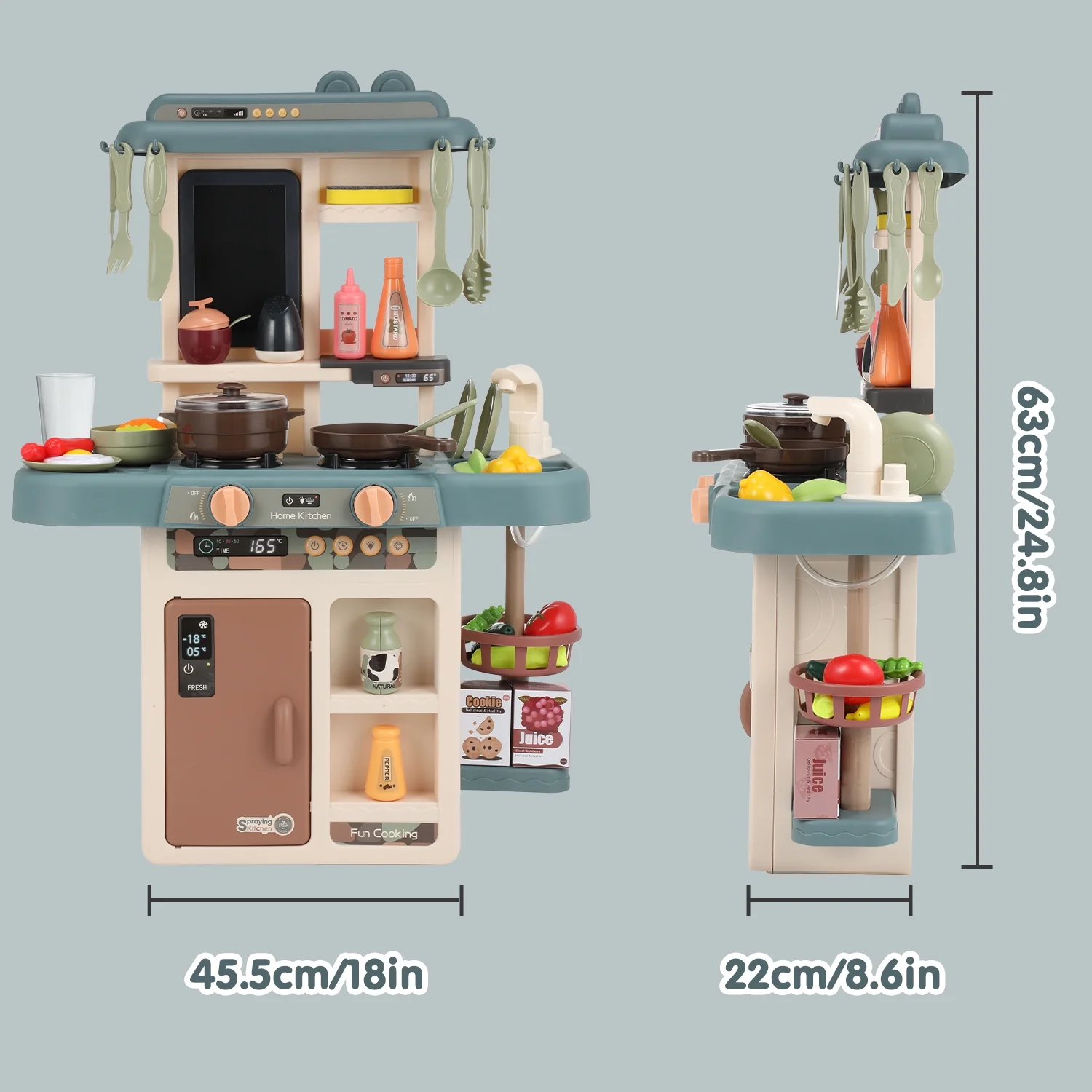 Bucatarie copii, Rovo 187, aragaz de jucarie, chiuveta cu circuit de apa, aragaz aburi, sunete, lumini, frigider, fructe, legume, multiple accesorii, 42 de piese - Resigilat [13]