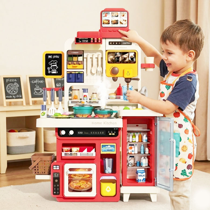 Bucatarie copii, Rovo 8827F, aragaz de jucarie, chiuveta cu circuit de apa, aragaz aburi, sunete, lumini, frigider, fructe, legume, multiple accesorii, 78 de piese [5]