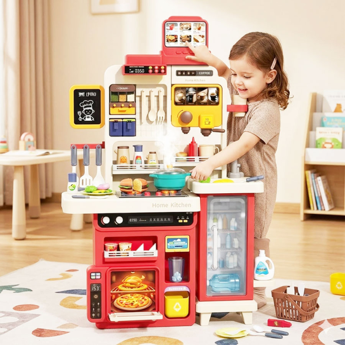 Bucatarie copii, Rovo 8827F, aragaz de jucarie, chiuveta cu circuit de apa, aragaz aburi, sunete, lumini, frigider, fructe, legume, multiple accesorii, 78 de piese [6]