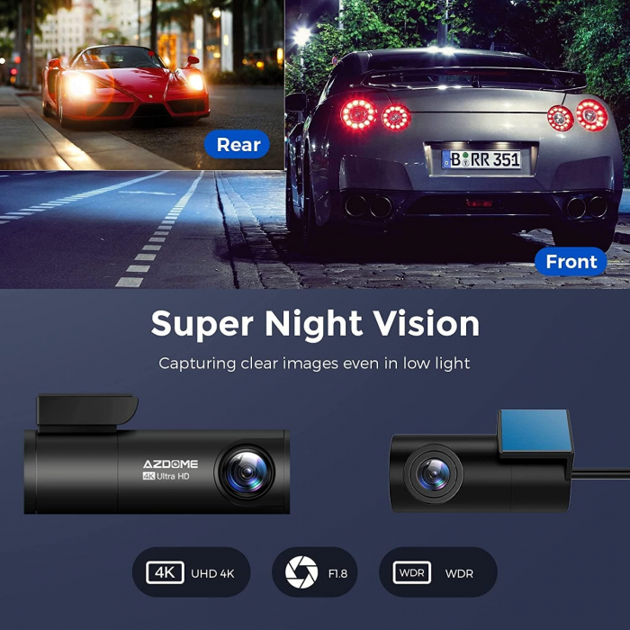 Camera auto DVR AZDOME M300S, Dubla, 4K + 1080P, 5GHz WiFi, GPS, Unghi 170°, Comanda vocala, Card 64G inclus [6]