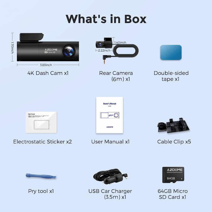 Camera auto DVR AZDOME M300S, Dubla, 4K + 1080P, 5GHz WiFi, GPS, Unghi 170°, Comanda vocala, Card 64G inclus [10]
