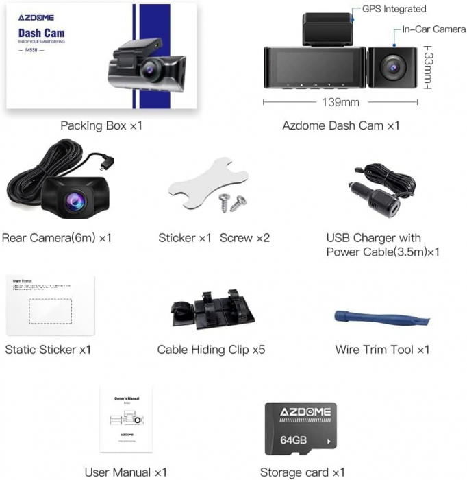 Camera auto DVR AZDOME M550 MAX, Tripla, 4K, WiFi, GPS, Unghi 170°, WDR, G-Sensor, Mod parcare, Card 64Gb inclus [11]