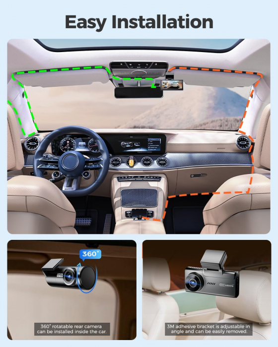 Camera auto DVR AZDOME M580-2CH, Dubla, 5K, 5GHz WiFi, GPS ,5GHz, WDR, G-Sensor, Mod parcare, Card 64Gb inclus [9]