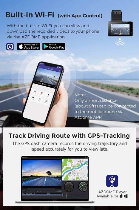 Camera auto DVR AZDOME M63, Dubla, 4K + 1080P, WiFi, GPS, Unghi 170°, WDR, G-Sensor, Mod parcare, Night Vision [4]