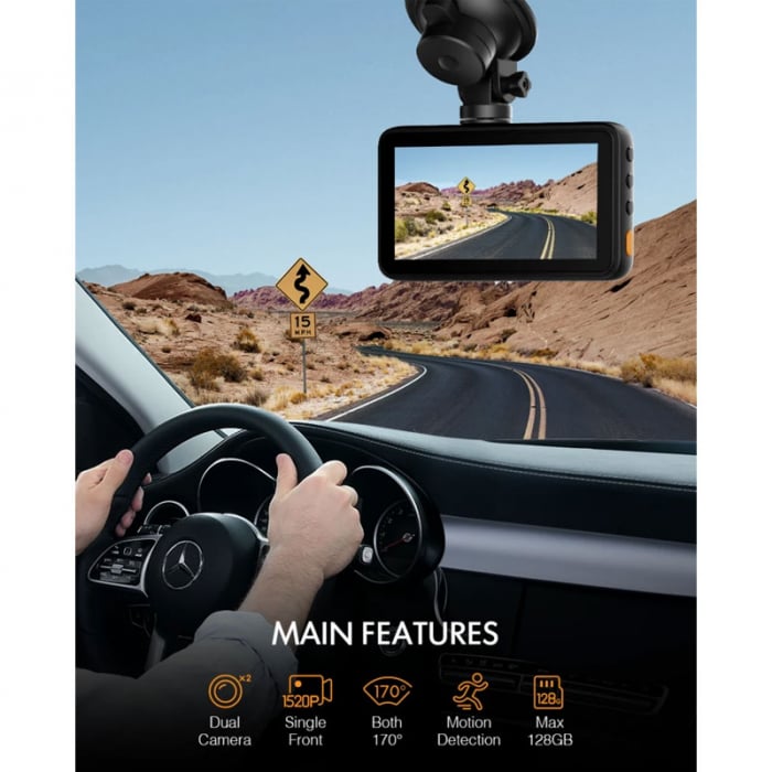 Camera auto DVR Dubla APEMAN C860, Senzor Sony IMX335,1520P Ultra HD, Bord si Spate, Unghi 170 grade, WDR, G-Sensor, Mod parcare, Filmare in bucla [2]