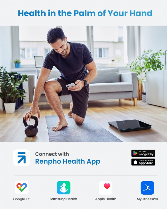 Cantar de baie Smart Renpho WBE28, Wifi, Bluetooth, Maxim 180Kg, 13 masuratori, BMI, Compatibil cu Samsung Health, Apple Health, Google Fit and Fitbit sync. [8]