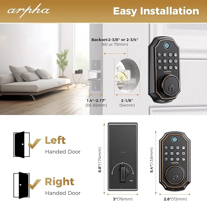 Incuietoare inteligenta Arpha D280, Amprenta, Aplicatie smart, PIN, Wifi, Bluetooth, Cheie, Tuya [6]