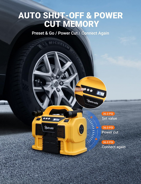 Compresor portabil cu acumulator AstroAI 3PLYE, 12V DC, 160PSI, Digital, Structura metalica, Adaptoare incluse [8]