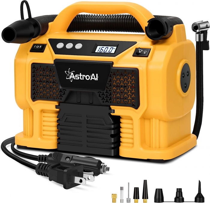 Compresor portabil cu acumulator AstroAI 3PLYE, 12V DC, 160PSI, Digital, Structura metalica, Adaptoare incluse [9]