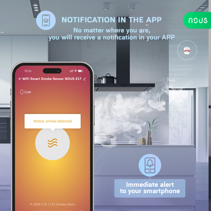Detector de fum Smart NOUS E17, Wi-Fi 2.4 GHz, senzor fotoelectric, alarma sonora 85 dB, notificari pe telefon, compatibil Alexa si Google Assistant, alb [3]