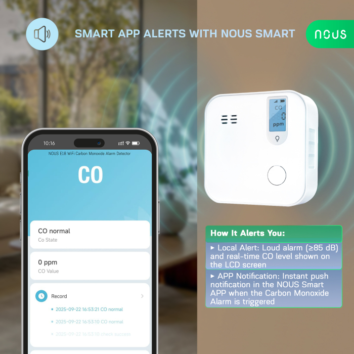 Detector de monoxid de carbon Smart NOUS E18, Wi-Fi 2.4 GHz, ecran LCD, alarma sonora 85 dB, notificari pe telefon, compatibil Alexa si Google Assistant, alb [5]