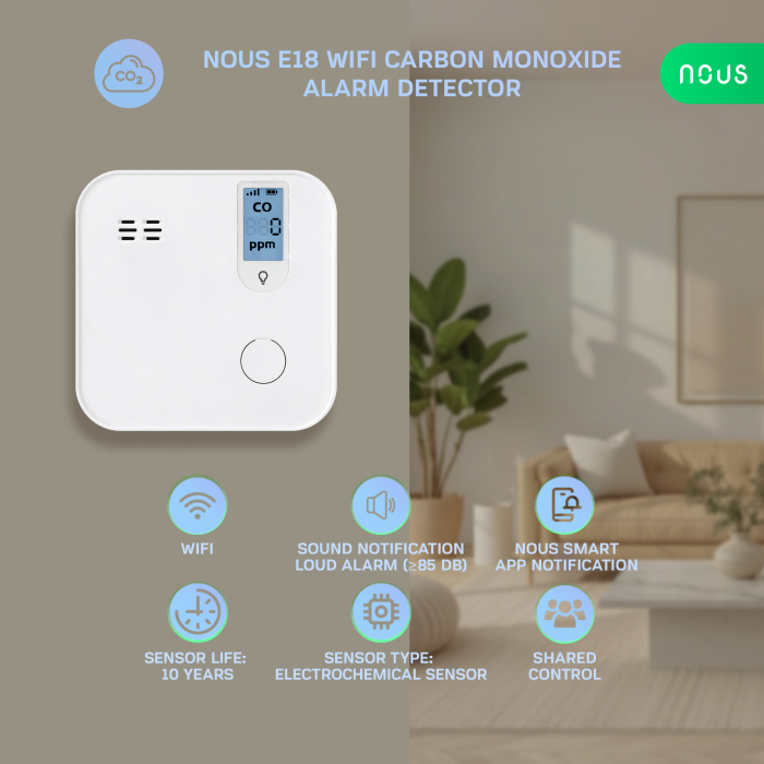Detector de monoxid de carbon Smart NOUS E18, Wi-Fi 2.4 GHz, ecran LCD, alarma sonora 85 dB, notificari pe telefon, compatibil Alexa si Google Assistant, alb [2]