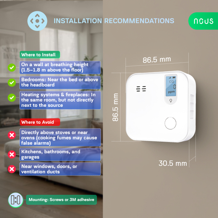 Detector de monoxid de carbon Smart NOUS E18, Wi-Fi 2.4 GHz, ecran LCD, alarma sonora 85 dB, notificari pe telefon, compatibil Alexa si Google Assistant, alb [6]