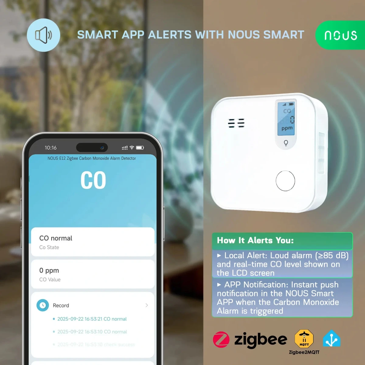 Detector Smart Monoxid de Carbon NOUS E12 Zigbee, Senzor Electrochimic, Alarma ≥85 dB, Monitorizare CO (ppm), Zigbee 3.0, Montaj pe perete [5]