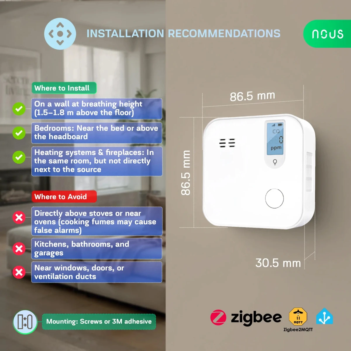 Detector Smart Monoxid de Carbon NOUS E12 Zigbee, Senzor Electrochimic, Alarma ≥85 dB, Monitorizare CO (ppm), Zigbee 3.0, Montaj pe perete [6]