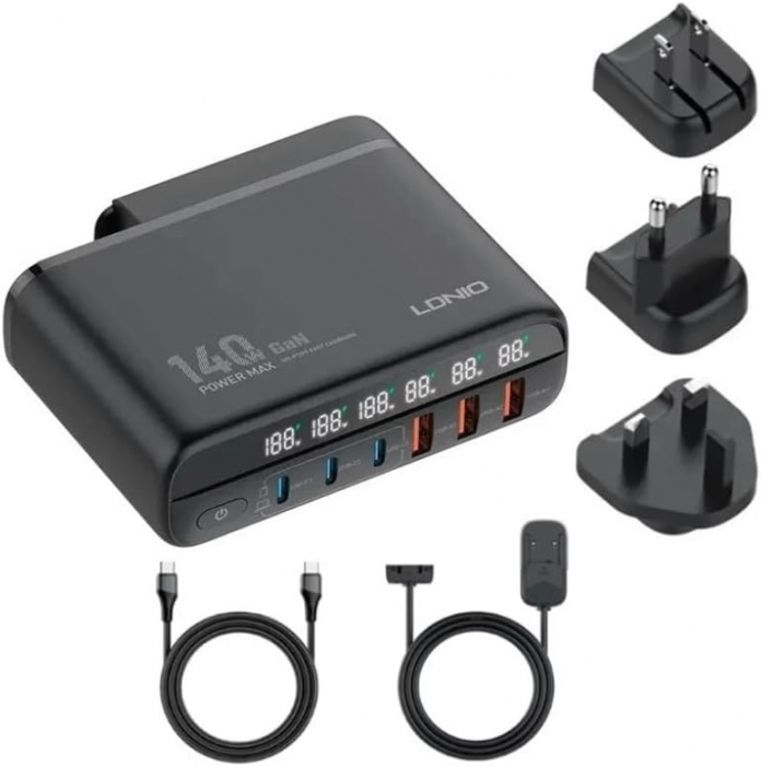 Incarcator Retea 140W GaN LINDO A6140C, Incarcare rapida, 3xUSB-A, 3XUSB-C, Compatibil EU/UK/US QC5.0 PPS PD pentru, MacBook, iPad, iPhone 16 15 [7]